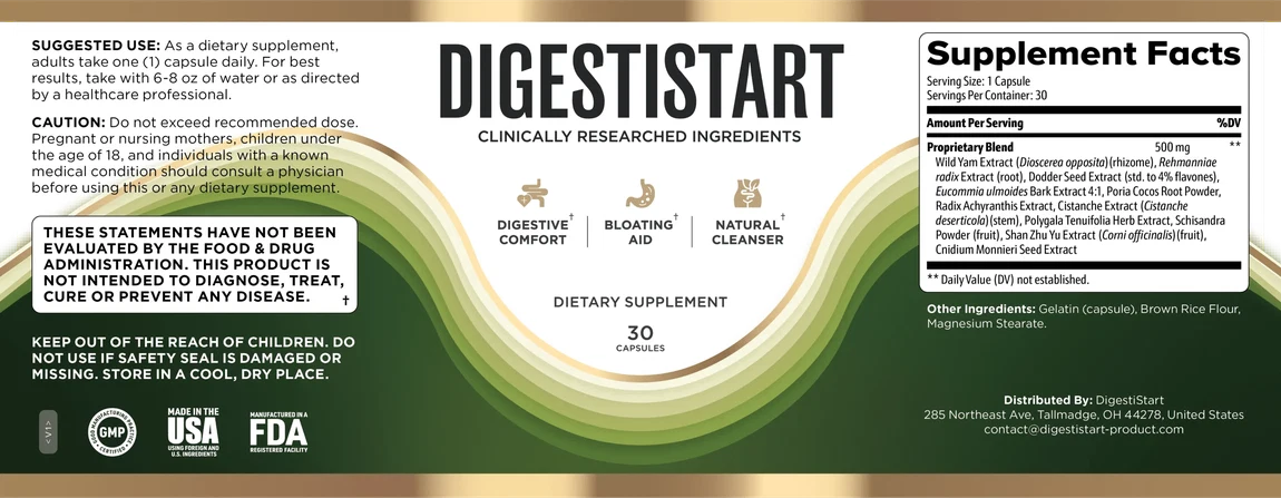 Full DigestiStart packaging with Supplement Facts, serving information and ingredients
